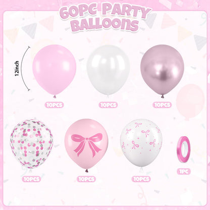 Pink Bow Balloons, 60pcs Pink and White Balloons, Bow Printed Balloon Metallic Confetti Balloon For Girls Women Princess Coquette Birthday Bridal Baby Shower Party Engagement Wedding Anniversary Decor