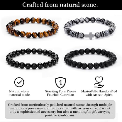 Crystery Men Beaded Bracelets, 8mm Natural Stone Bracelet, Healing Crystal, Jewelry Gifts for men, Triple Protection, Snowflake, Tiger Eye, Black Obsidian Beads Bracelets, Lava Rock, Pack of 4