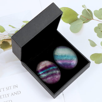 Hxswkk 2PCS Worry Stones for Anxiety Rainbow Fluorite Crystal Thumb Palm Stone Sets Handcarved Polished Oval Gemstone Chakra Decor Thoughtful Gifts