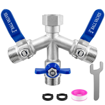 Garden Hose Splitter 3 Way, Heavy Duty 304 Stainless Steel Hose Splitter with Shut-off Valves, Full Flow Garden Water Hose Bib Spigot Splitter, 3/4'' GHT Thread Outdoor Faucet Splitter