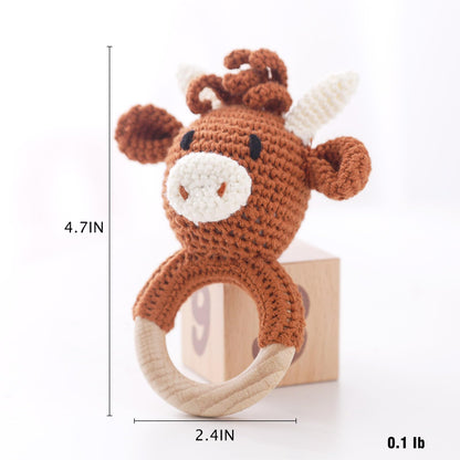 Wooden Baby Rattle, Crochet Cow Rattle, Newborn Wooden Animal Rattle Toy, Infant Rattle Toys
