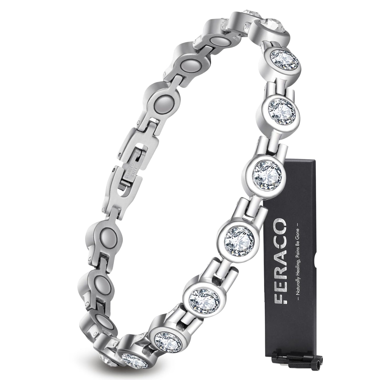 Feraco Magnetic Bracelet for Women Titanium Steel Magnetic Bracelets with Gorgeous Sparkling Cubic Zirconia Costume Jewelry Gifts (Silver)