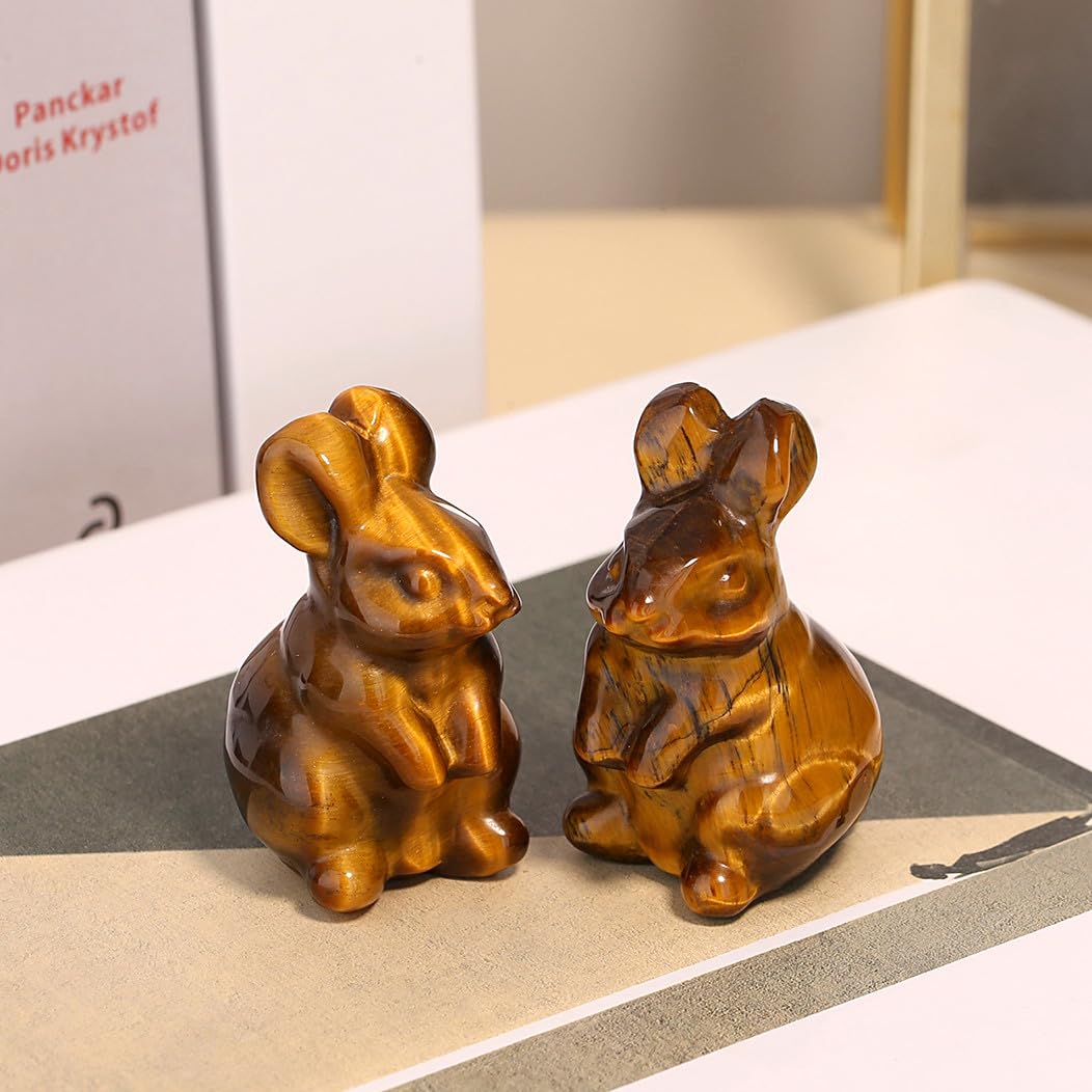 QINJIEJIE 2" Tiger Eye Bunny Decor Easter Decorations Crystals Rabbit Golden Bunny Figurine Carved Healing Crystal Stones Statue Gemstones Polished for Spring Easter Decor Party Favors