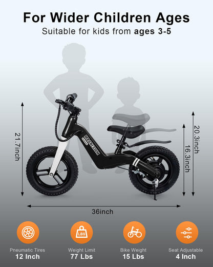 GROWNEER Electric Balance Bike for Kids 3-5 Year Old Boys Girls, 12 Inch Pneumatic Tires, 3 Speed Settings (3.1/6.2/9.3 mph), Light-up Front Tire & Adjustable Seat, 9.3 Mile Range, Black