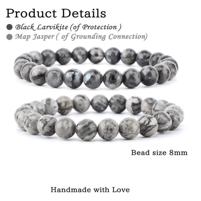 NCB 2-Piece 8mm Natural Crystal Gemstone Stretch Bracelets – ﻿Black Larvikite, Map Jasper Handmade Reiki Energy Healing Jewelry for Meditation,Yoga, Unisex