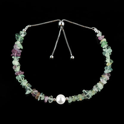 CRYSTALIS Natural Multi-Color Fluorite Beads Slider Bolo Bracelet with Elegant Pearl, Uncut Chips Nuggets Crystals, Chakra Healing Gemstone, Women Jewelry, 925 Sterling Silver Slider 10 inch