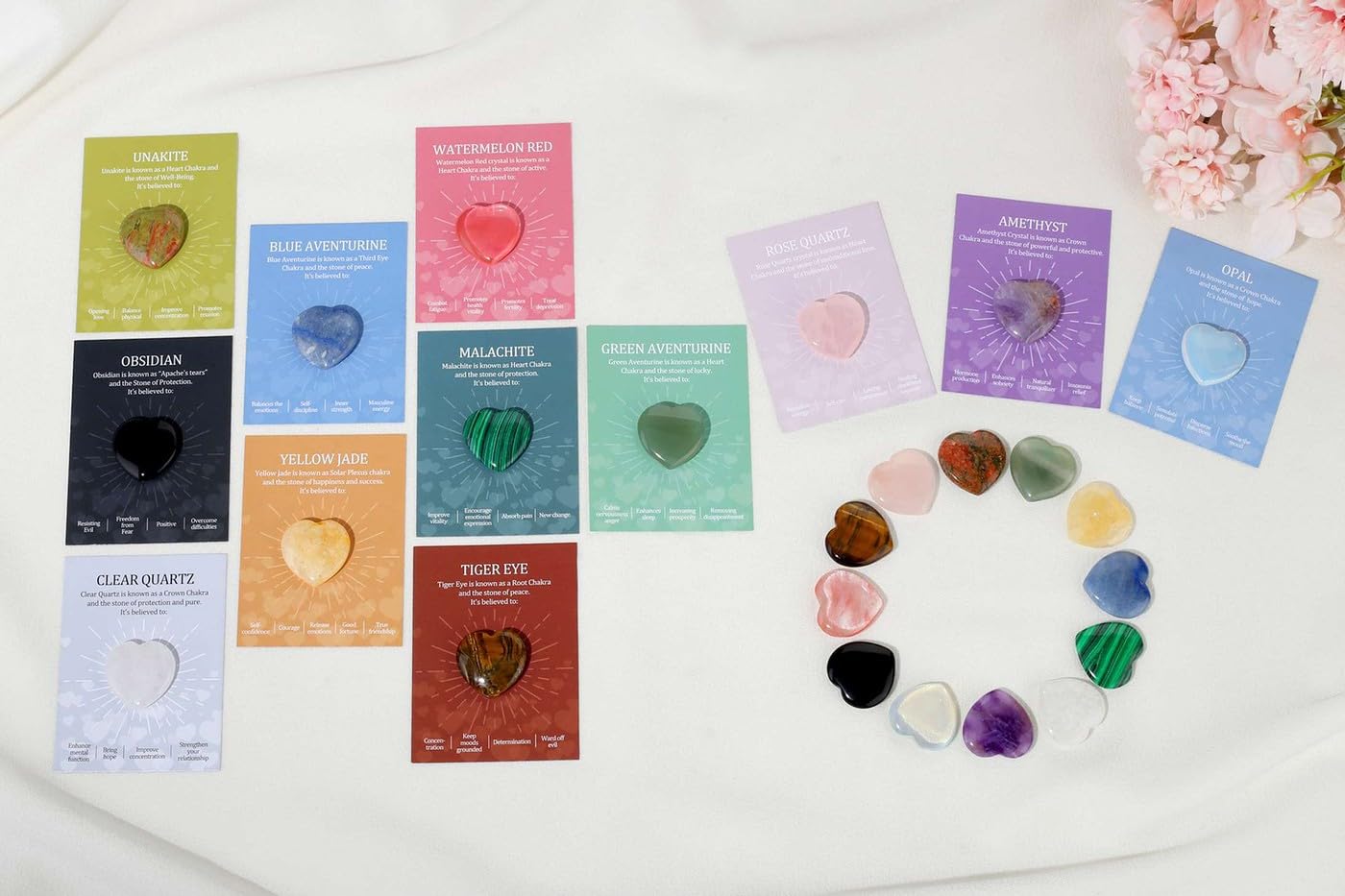 LAIDANLA 12 PCS Heart Crystals Healing Stones 1 inch Hearts Natural Gemstones Polished Bulk Heart Shaped Crystal Stone Set Rose Quartz Amethyst Reiki Meditation Gifts