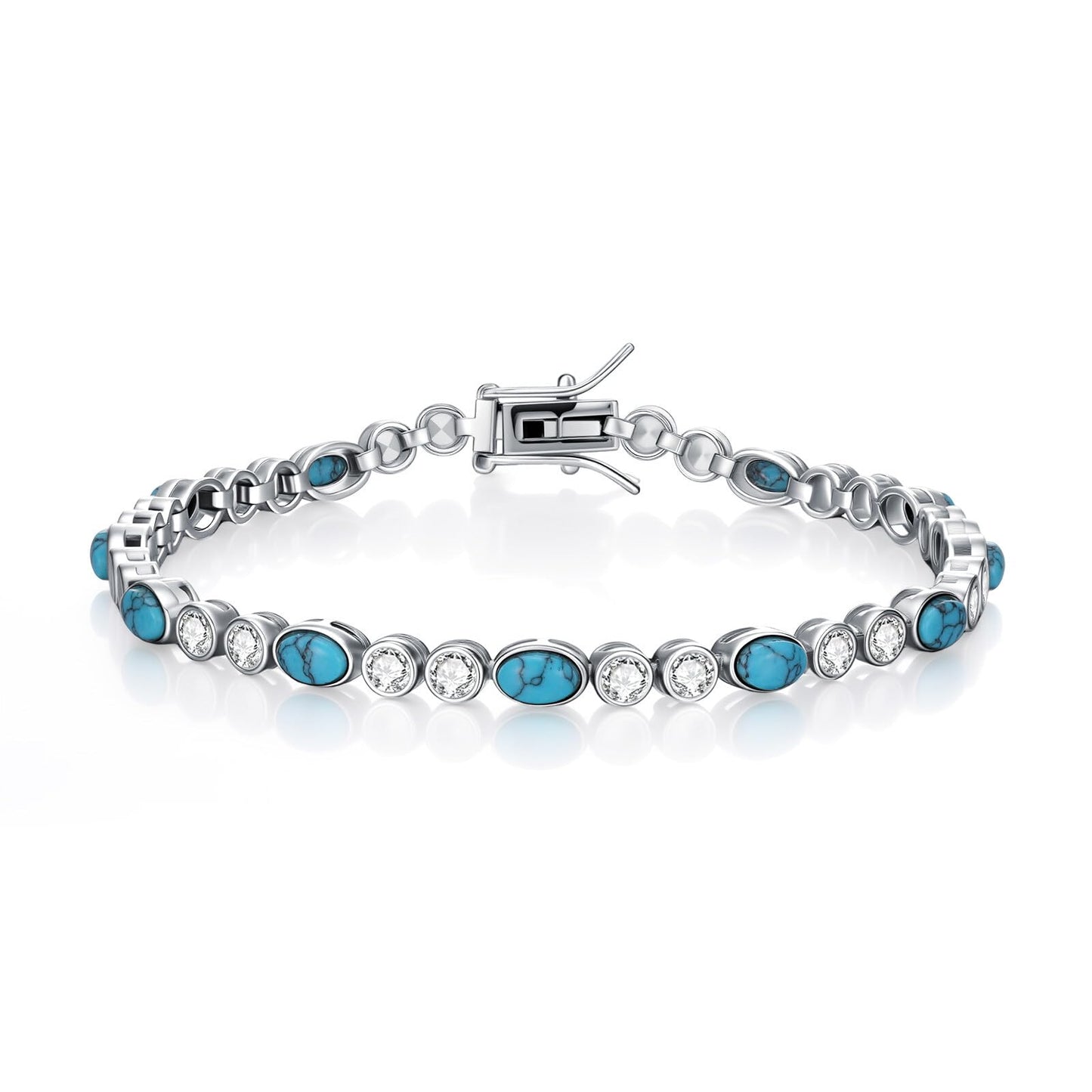PEIMKO 925 Sterling Silver Oval Turquoise Exquisite Tennis Bracelet with CZ Boho Style Bracelet Jewelry Gifts for Women Mother