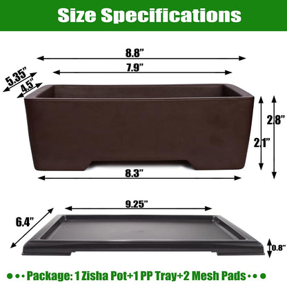 MUZHI Unglazed Zisha Bonsai Pot with Humidity Tray, Rectangle Bonsai Tree Planter with Drainage for Ficus, Succulent etc. (Classic Rectangle)