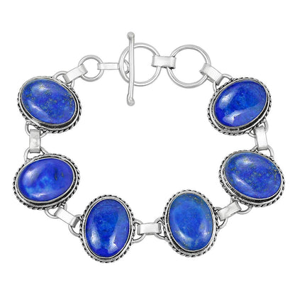 Natural Lapis Lazuli Silver Plated Handmade Link Bracelet for Women - September Birthstone Oval Gemstone Adjustable Bracelet Vintage Style Bohemian Jewelry - Mother's Day Gifts for Her