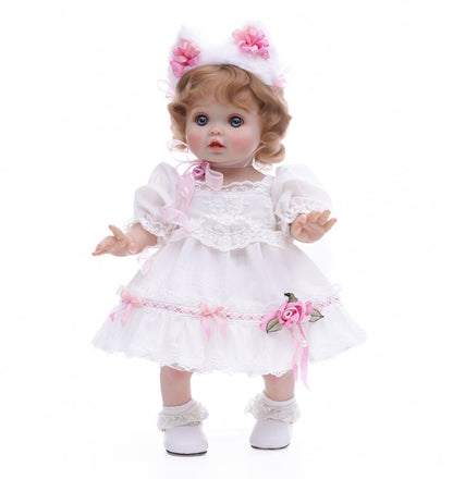 Cloveray Baby Doll, 18 Inch Realistic Reborn Toddler Real Life Baby Dolls with White Lace Dress, Magnetic Cat Nose, Fluffy Paw Mitten & Tail, Premium Collectible Gift for 3+ Year Old Girls