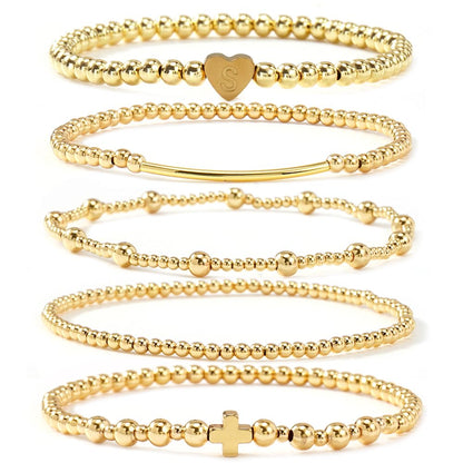 14K Gold Cross Beaded Initial Bracelet Stack for Women,Dainty Stretch Gold Plated Letter “S” Stackable Bracelets Bohemian Layered Prom Party Accessories Jewelry Gift Friendship