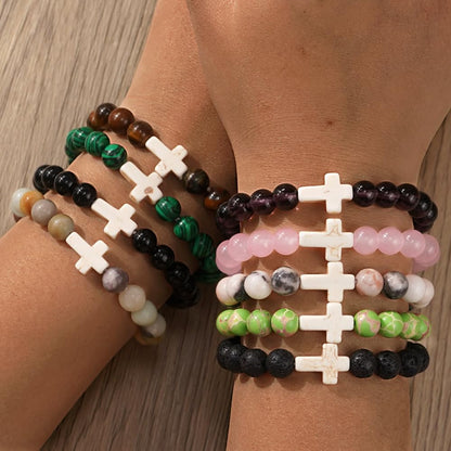 SHINUS BOHO Dainty Christian Cross Green Turquoise Gemstone Beaded Religious Cross Crystal Chakra Bracelets for Women Men Natural Worry Stone Healing Stretch Best Friends Jewelry Gift