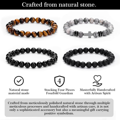 Crystery Men Beaded Bracelets, 8mm Natural Stone Bracelet, Healing Crystal, Jewelry Gifts for men, Triple Protection, Map Stone, Tiger Eye, Black Obsidian Beads Bracelets, Lava Rock, Pack of 4