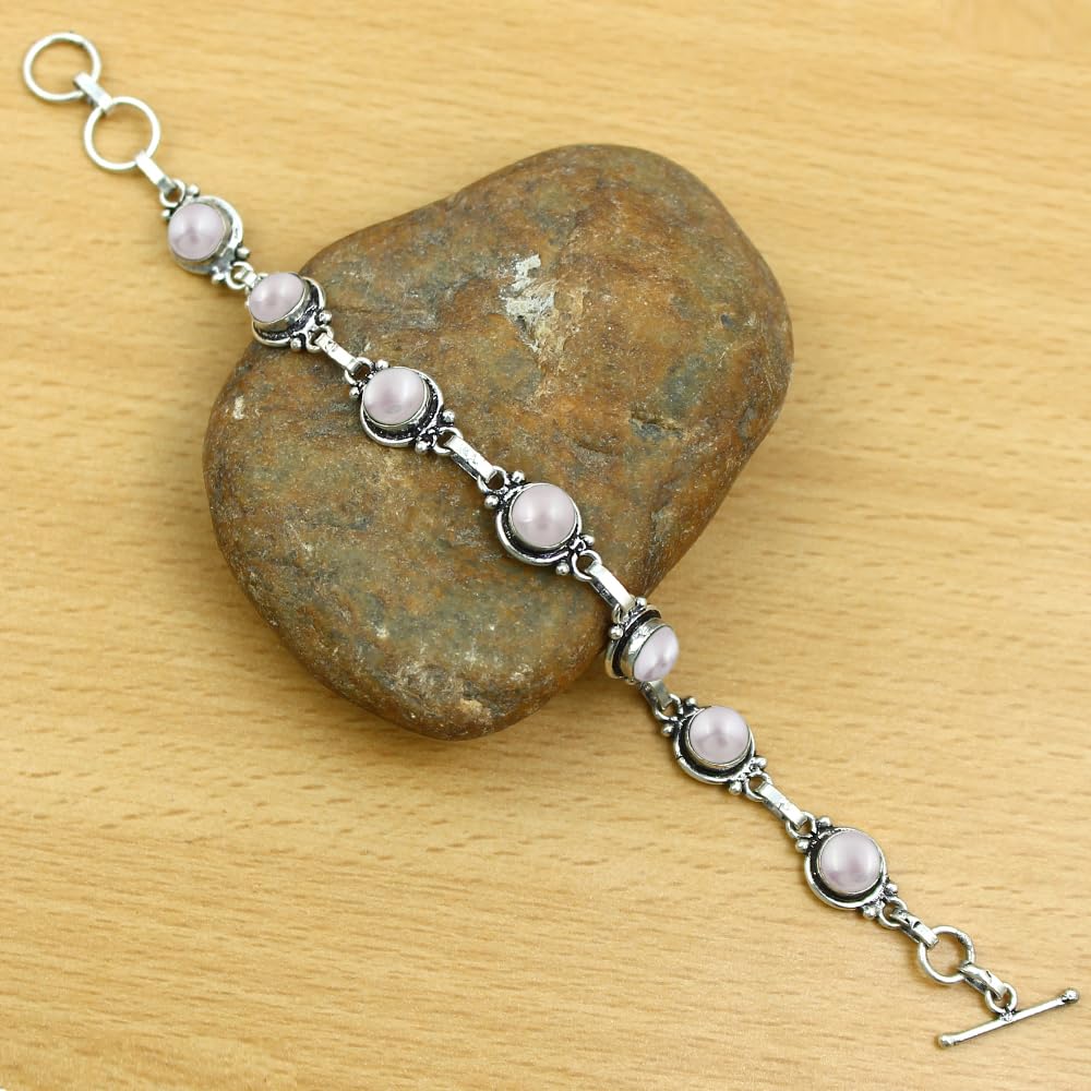 Natural Pearl 925 Silver Plated June Birthstone Adjustable Bracelet for Women - White Gemstone Handmade Vintage Style Bohemian Jewelry Bracelet - Mother's Day Gifts for Mom