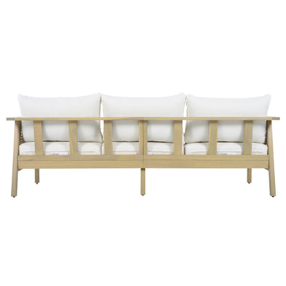 Christopher Knight Home Teras Acacia Wood Outdoor 3 Seater Sofa with PE Wicker Armrest, Solid Wood Patio Sofa with Removable Cushion, Comfy Lounge Sofa for Patio Furniture Set, Light Teak+Beige