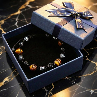 SFPJTL Natural Triple Protection Bracelet for Men - Real Tiger Eye, Hematite & Black Obsidian - Handmade Macrame Braided Adjustable Cord - Durable Healing Crystal Jewelry Gift for Dad Husband Son