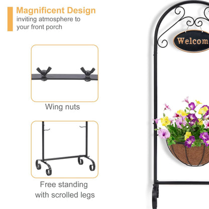 SUNNYPARK Black Metal Welcome Sign Hanging Basket Stand - 40 Inch Decorative Planter Holder for Outdoor/Indoor Plants, Flowers, Herbs - Rustic Garden Decor