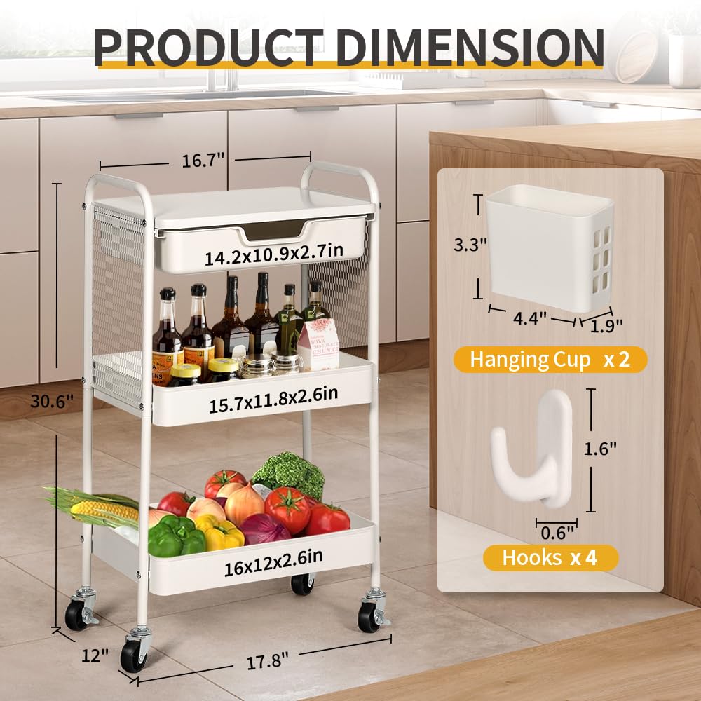 CRUDATE 3-Tier Rolling Cart with Drawer, Metal Utility Storage Cart Organizer with Lockable Wheels&Hanging Cups&Hooks, Mobile Storage Craft Carts Trolley with Mesh Shelves for Kitchen, Office-White
