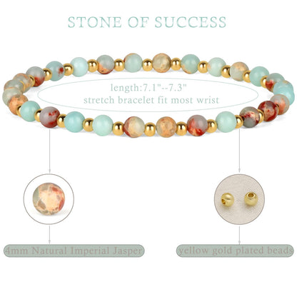 QOGIR Imperial Jasper - Stone of Success - 14K Gold Plated Beads Natural Gemstone Stretch Elastic Dainty Healing Beaded Bracelets Gifts 4mm