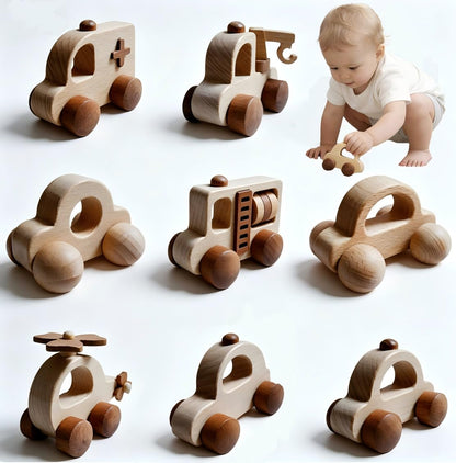 OKULLYSH 8PCS Wooden Toy Cars Set Montessori Push and Pull Baby Toys for 1-3 Years, FSC Certified Non-Toxic Wooden Cars for Toddlers, First Birthday Gifts for 1 Year Old Boy Girl