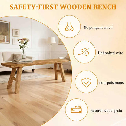 BTUASSDY 47.2" Solid Wood Entryway Bench - Extra Long Elm Wood Farmhouse Dining Bench for Hallway, Bedroom, Kitchen - Antique Natural Finish