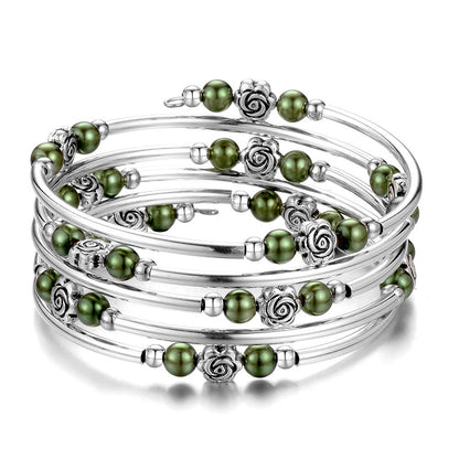 BULINLIN Wrap Bangle Rose Bead Bracelet - Beaded Bracelet with Natural Agate Stone Gifts For Women(01-Olive green pearl)