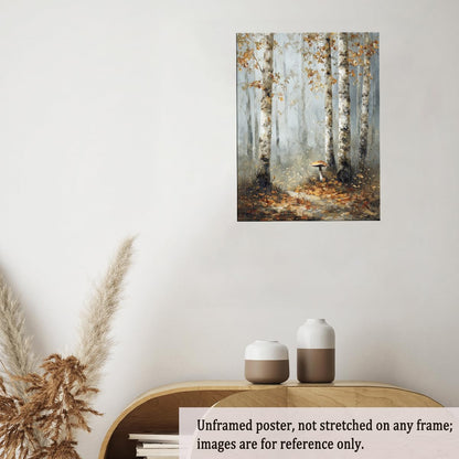 Birch Tree Forest Wall Art – Autumn Canvas Print with Mushroom and Misty Woodland Trail, Rustic Fall Nature Poster for Bedroom or Seasonal Wall Decor 12x16in Unframed