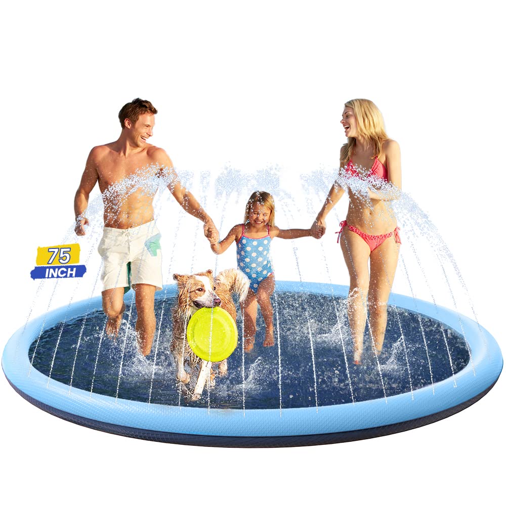 PETOCAT Splash Pad Non-Slip Dogs Cool Sprinkler Pool Extra Large Splash Pads for Kids Dog Baby Wading Pool Summer Outdoor Play Water Fun Toy Gift Easy to Use/Clean 75 inch