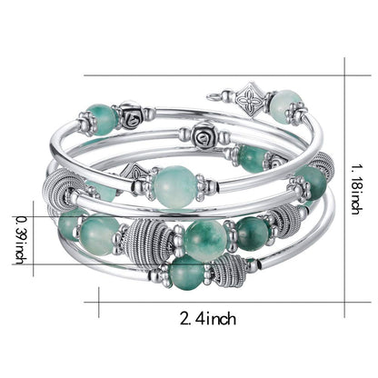 PEARL&CLUB Beaded Chakra Bangle Turquoise Bracelet - Fashion Jewelry Wrap Bracelet with Thick Silver Metal and Mala Beads, Birthday Gifts For Women(Jade Green)