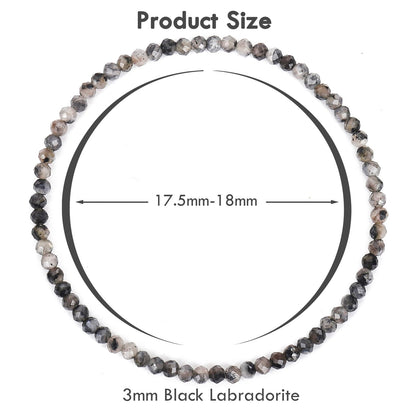 BONNY BOXX Natural Genuine Gemstone Faceted Round Beads Bracelets, 3mm Adjustable Stretchy Tiny Faceted Black Labradorite Bracelet, Healing Crystal Reiki Chakra Dainty Jewelry Fashion Gifts