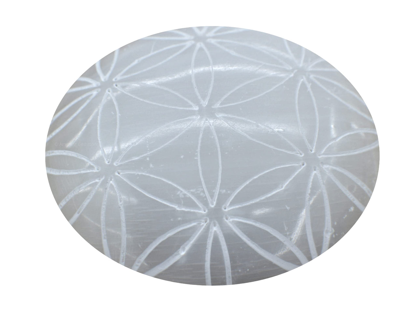 Amazing Gemstone Selenite Palm Stone - Flower of Life Engraved Hot Massage Worry Stone for Natural Body Chakra Balancing, Reiki Healing and Crystal Grid