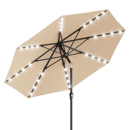 GarveeLife 10 ft Patio Umbrella with Solar Lights, 8 Ribs Outdoor Market Table Umbrella with 40 LED Lights & Tilt Crank for Pool, Deck, Backyard (Tan)