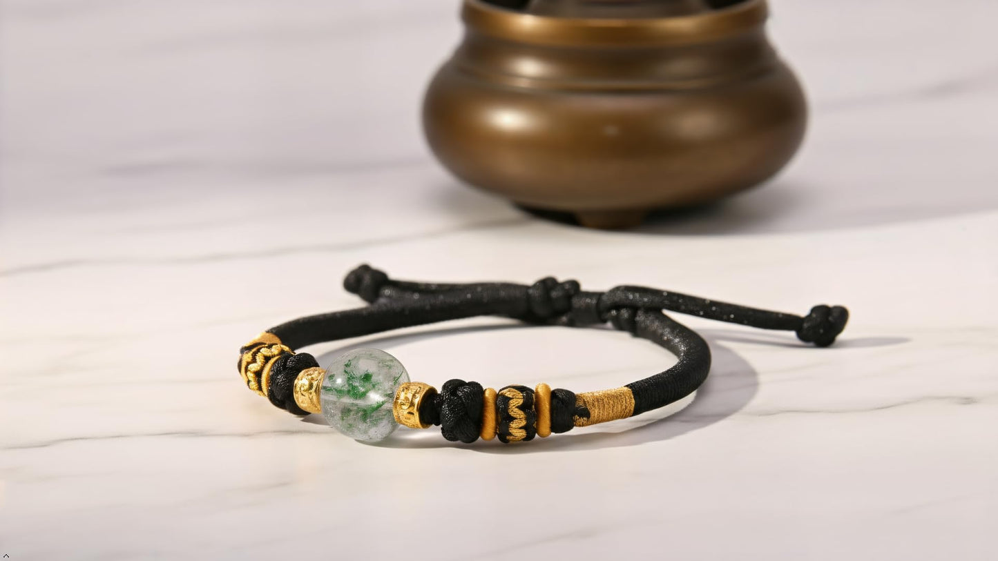 Chinese Style Fashion Natural Green Phantom Quartz (綠幽靈水晶) Bracelet for Men and Women, Adjustable Handmade Rope Lucky Gold Bead Jewelry, Healing Crystal Energy and Protection Gift, Feng Shui Inspired. The crystal is Green Phantom Quartz