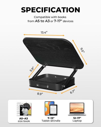 Adjustable Book Stand with Storage Drawer, 360° Rotating Book Holder, Height & Angle Adjustable, Extra-Wide Page Clips for Thick Books, Wood & Aluminum Book Stand for Desk, Study, Kitchen