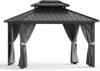 13'X10' Hardtop Gazebo, All-Weather Aluminum Frame Outdoor Canopy with Double Polycarbonate Roof, Permanent Outdoor Gazebo with Netting & Curtains for Garden, Lawns, Patio, Grey.