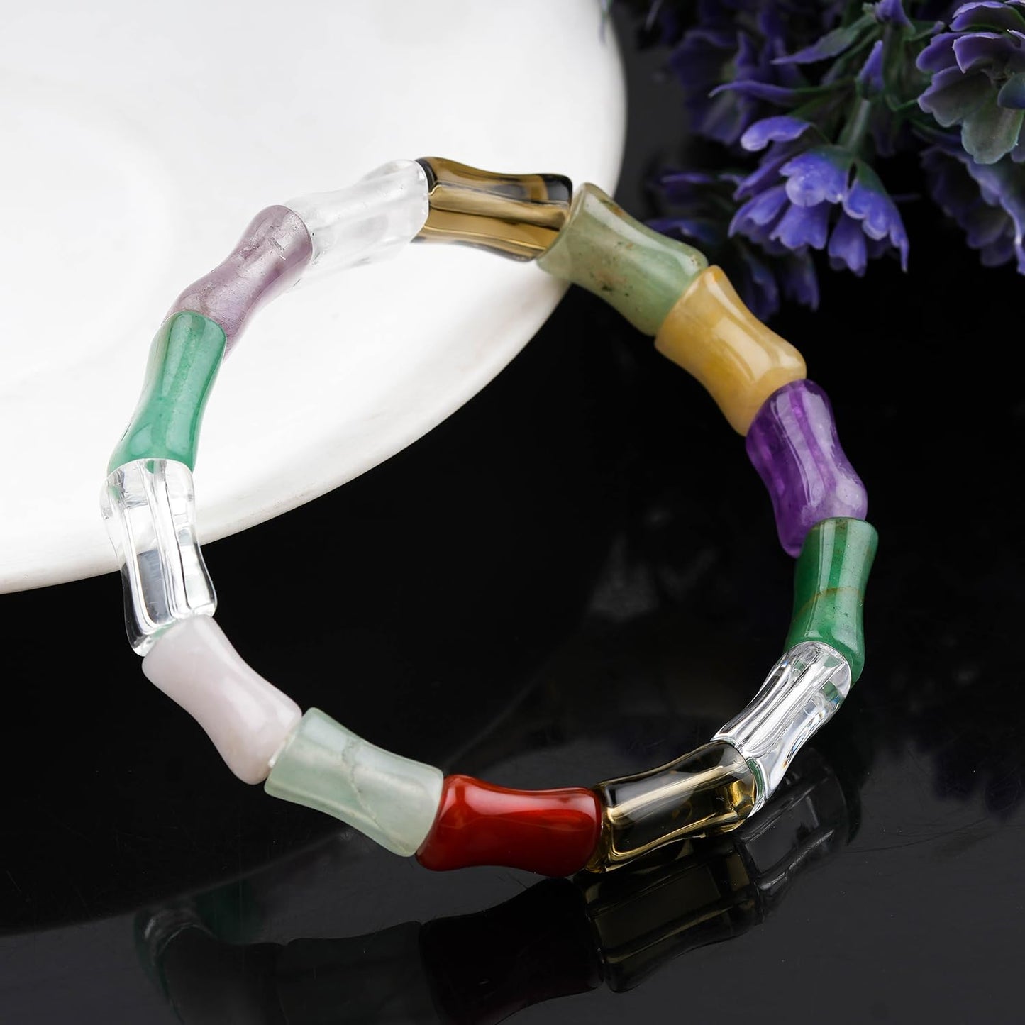 CRYSTALINES 7 Seven Chakra Stretch Braceclet, Natural Gemstones Polished Fancy Stones, Handmade Boho Stretchable Bracelet, Adjustable Wicca & Reiki Healing Crystal Unisex Jewelry Gift