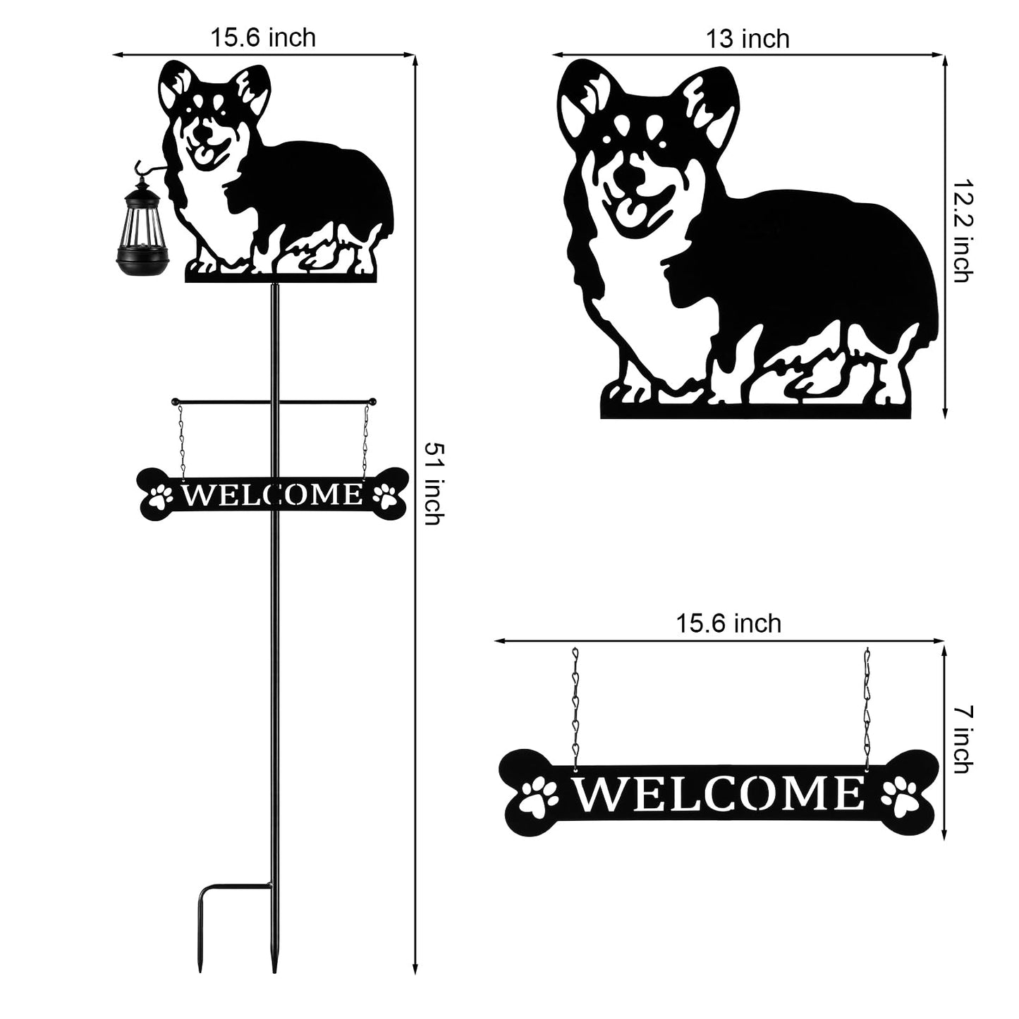 ANGELLOONG 51" Solar Corgi Silhouette Dog Welcome Sign with Lantern, Outdoor Decorative Corgi Gifts for Garden Yard Lawn Patio Pathway