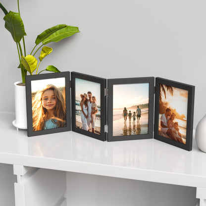 WARM&LOVE 4 Picture Frame, 4x6 Four Folding Hinged Photo Frames, Rustic Wood Desk Family Photo Collage Stand Vertical on Tabletop for Birthday Family Lover Gift (Black)