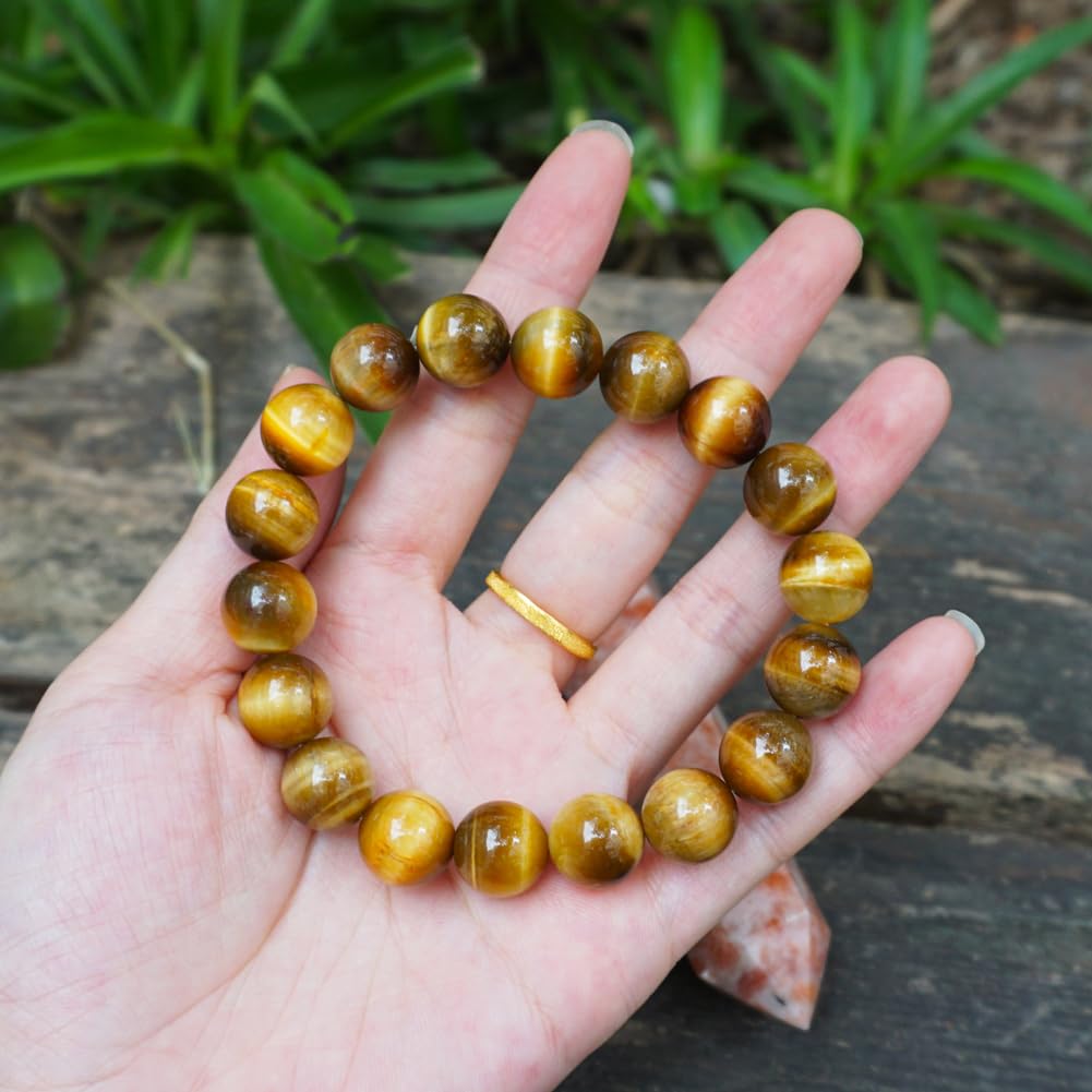 TaHLga Golden Tigers Eye Crystal Bracelet for Men Women 12mm |Natural Solar Plexus Chakra Stone | Bring Wealth & Protection | Fits for Large Wrist 8-8.5" | Come with Box & Pouch