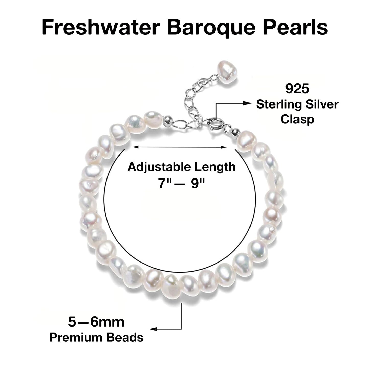 HENGSHENG Natural Baroque Pearls Link Bracelets for Women Freshwater Cultured Pearls Strand Bracelets Handpicked Pearl Elegant Jewelry - White