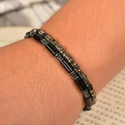 Casvia Midnight Fusion Men's Beaded Bracelet, Handcrafted Black Onyx & Hematite, Adjustable Dual-Clasp 6.89–8.8 Inches, Stackable Daily Wear, Birthday Gift for Men Dad Boyfriend