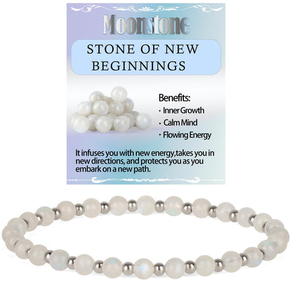 QOGIR Moonstone - New Beginnings - Stainless Silver Beads Natural Gemstone Stretch Elastic Dainty Healing Beaded Bracelets Gifts 4mm