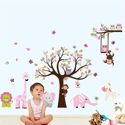 Amaonm Jungle Animal and Tree Wall Decals Removeable DIY Flower Lion Giraffe Owls Wall Sticker Peel and Stick Wall Decor for Nursery Kids Room Bedroom Living Room (B)