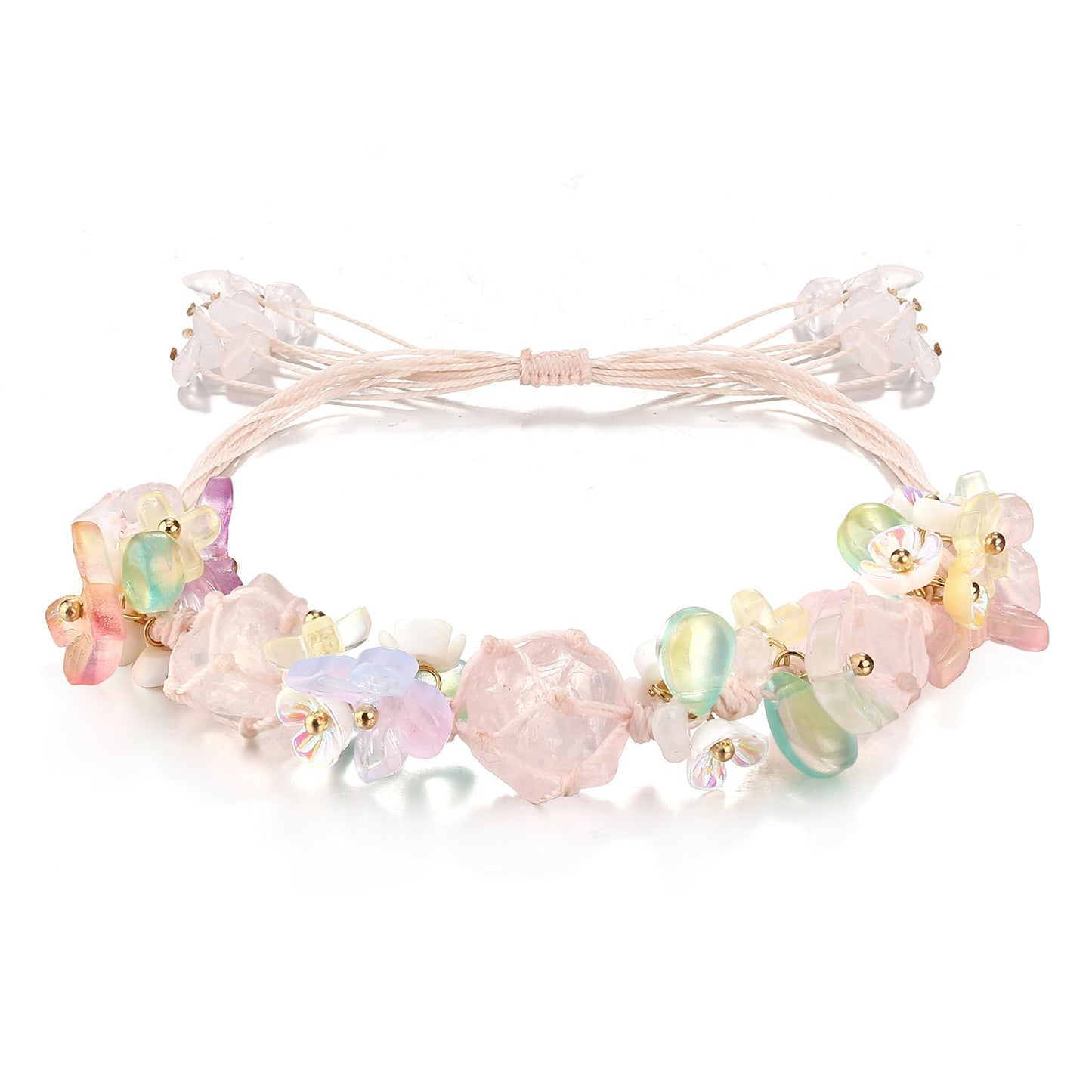 Fivoilin Healing Crystal Bracelets for Women, Natural Raw Stone Energy Spiritual Bracelet for Yoga Reiki Chakras Meditation Adjustable Boho Braided Summer Beach Bracelet Gift for Birthday, Rose Quartz