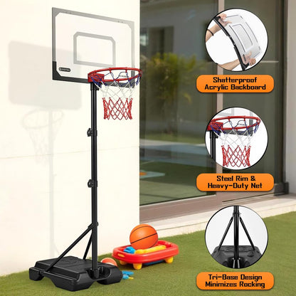 Kids Portable Basketball Hoop, Adjustable Height 38-75in/3.2-6.2FT Tall Toddler Basketball Toy, Fillable Base, Indoor Outdoor Backyard Pool Sport Game Gift for Boy Girl Ages 3 4 5 6 7 8 Years Old