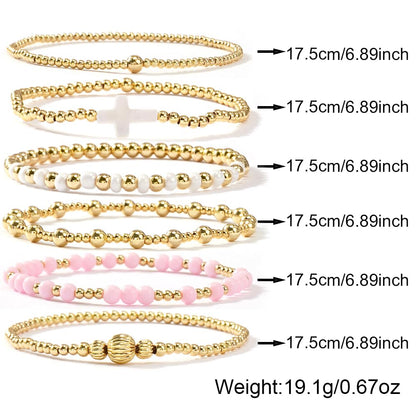SHINUS BOHO Cross Gold Beaded Bracelet Stack for Women,Bohemian Stretch White Pink Beads Stackable Bracelets Set Fashion Prom Party Accessories Jewelry Gift Friendship