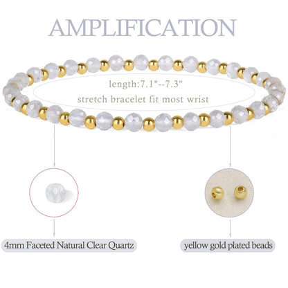 QOGIR Clear Quartz - Amplification - 14K Gold Plated Beads Natural Gemstone Stretch Elastic Dainty Healing Beaded Bracelets Gifts 4mm