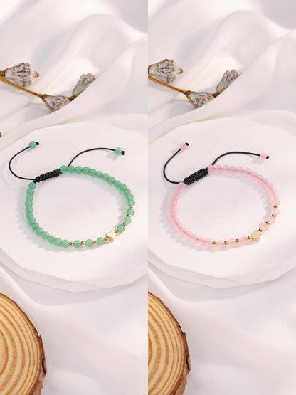 Top Plaza 2Pcs Natural Rose Quartz Green Aventurine Crystal Bracelets for Women 4mm Handmade Gemstone Beaded Bracelet Healing Crystal Yoga Meditation Gold Heart Charm Bracelet Jewelry Christmas Gifts