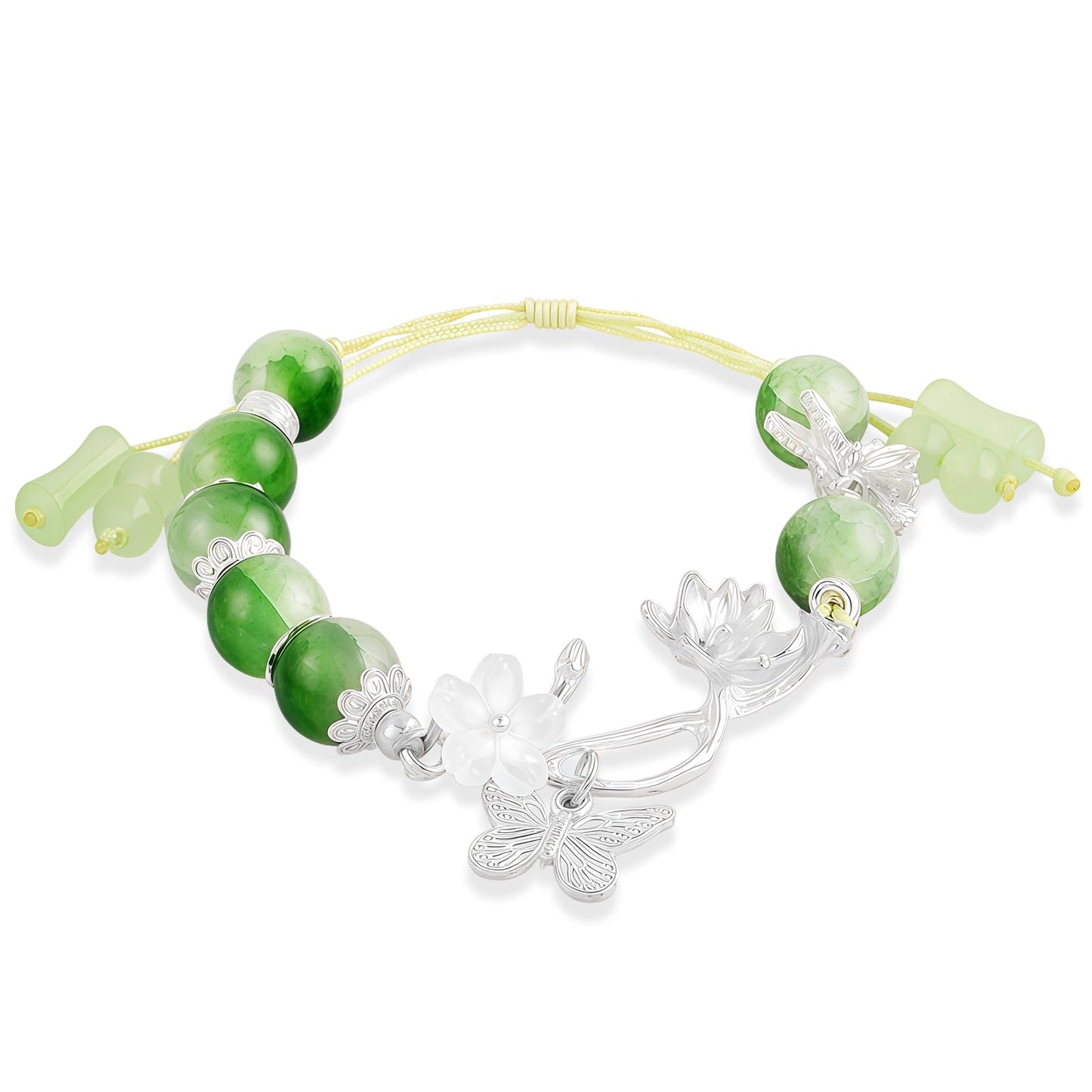 PLwelth Green Crystal Beaded Bracelets for Women Cute Butterfly Flower Pendant Bracelet Adjustable Imitation Jade Bracelet Handmade Healing Beaded Bracelet Friendship Jewelry Birthday Christmas Gifts